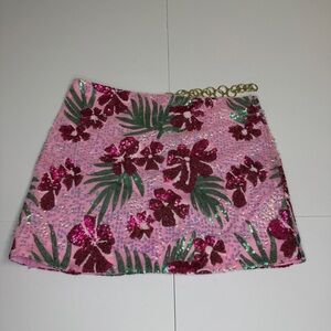 Maje Joustik Sequin Mini Skirt Hibiscus Floral Pink Gold Chain French 38/US M